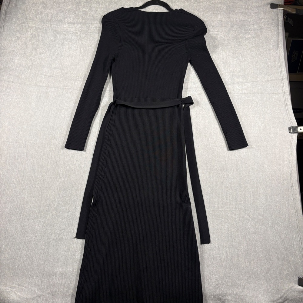 Zara Womens Black Ribbed Knit Button Down Midi Dress Long Sleeve Size L - Picture 2 of 14